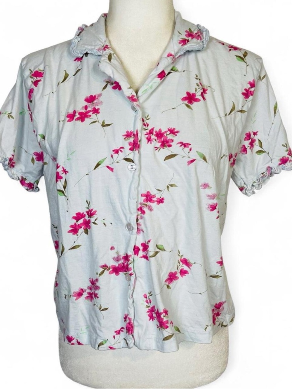 Y2K Sarah Bentley Intimates Size XL Floral Button Down Shirt Top Light Blue Pink